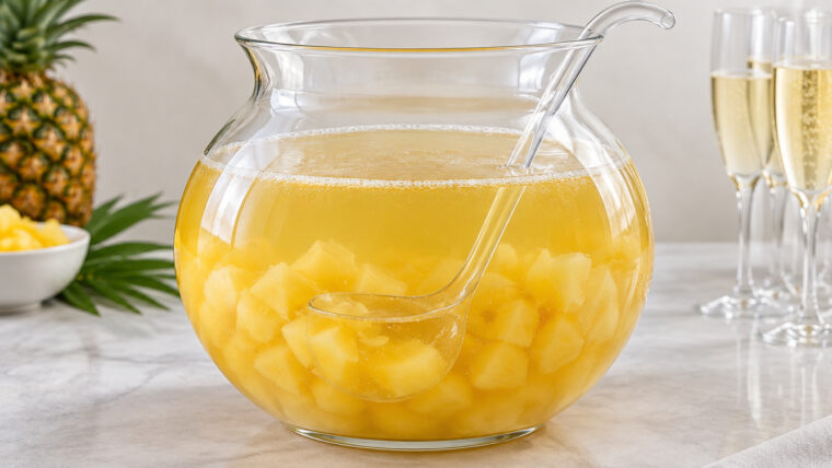 Ananasbowle mit Ananasstücken in einer Glasschüssel, daneben Sektgläser und eine frische Ananas