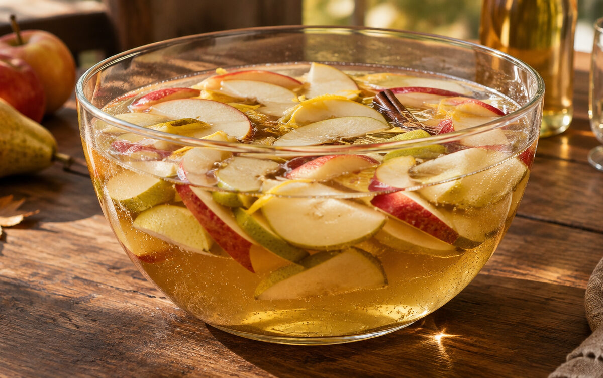 Apfel-Birnen-Bowle mit Cidre und Sekt, Apfel- und Birnenspalten in einer großen Glasschüssel