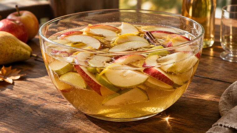 Apfel-Birnen-Bowle mit Cidre und Sekt, Apfel- und Birnenspalten in einer großen Glasschüssel