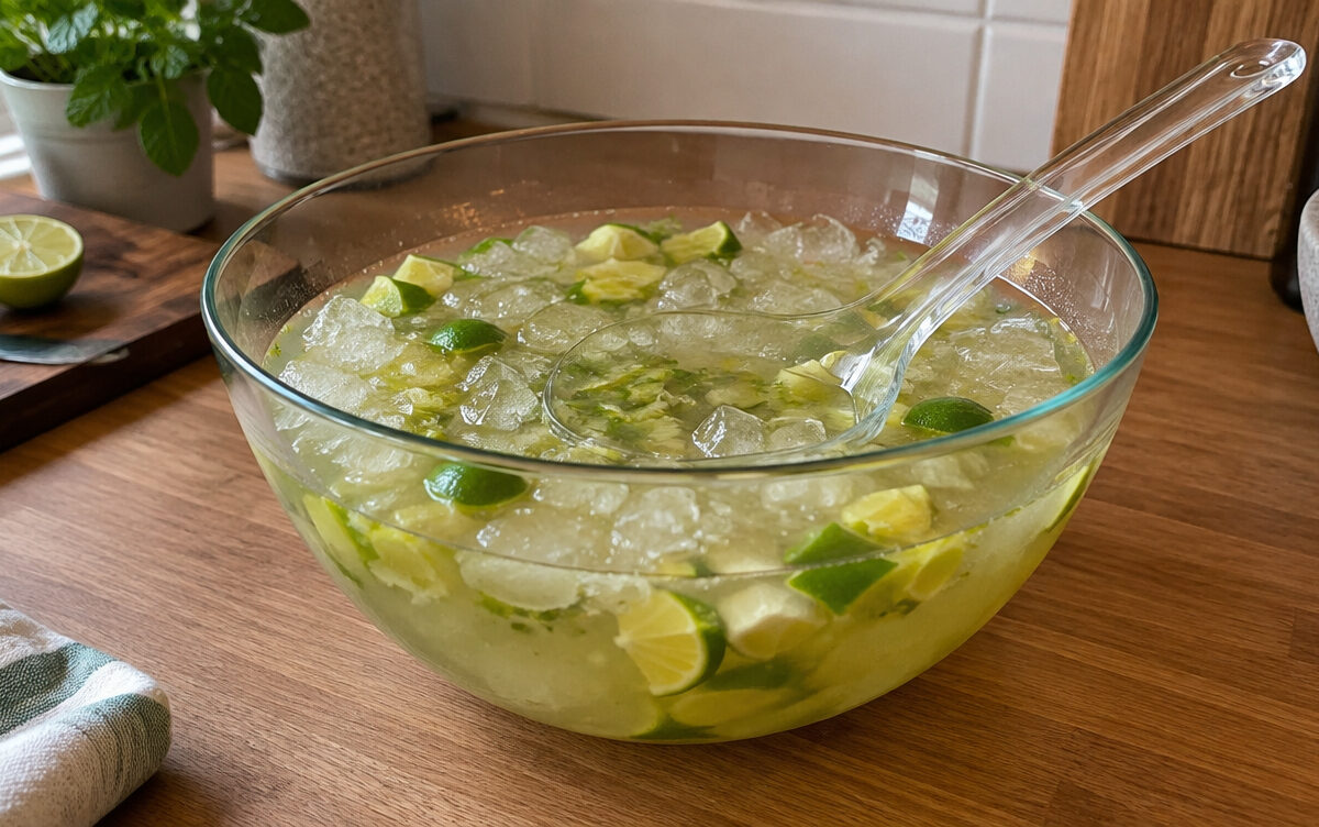 Caipirinha-Bowle mit Limettenstücken und Eis in einer großen Glasschüssel