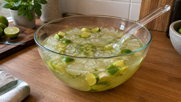 Caipirinha-Bowle mit Limettenstücken und Eis in einer großen Glasschüssel