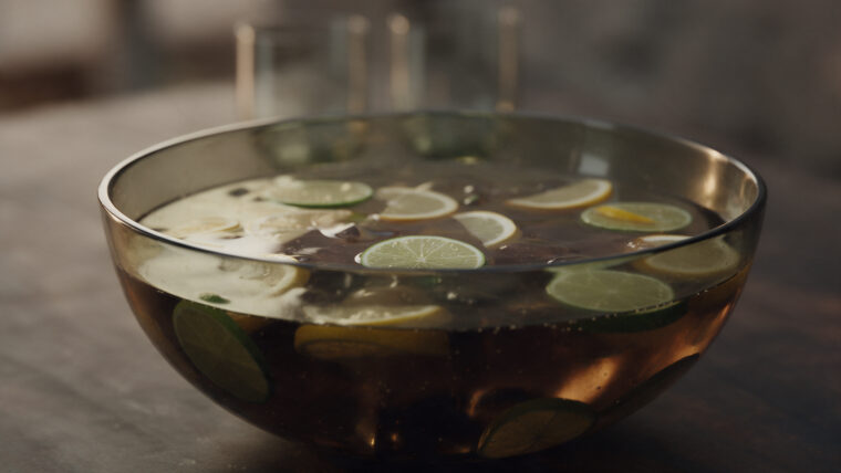 Dunkle Cola-Bowle mit Limetten- und Zitronenscheiben in einer großen Rauchglasschüssel