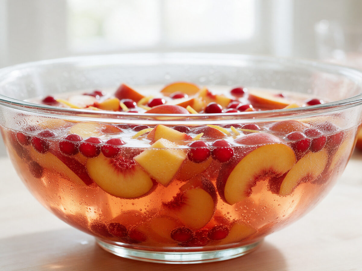 Cranberry-Pfirsich-Bowle mit Pfirsichstücken und Cranberrys in einer großen Glasschüssel