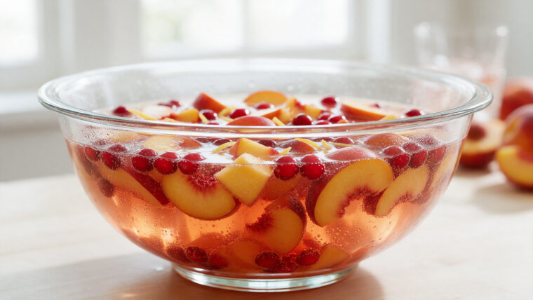Cranberry-Pfirsich-Bowle mit Pfirsichstücken und Cranberrys in einer großen Glasschüssel