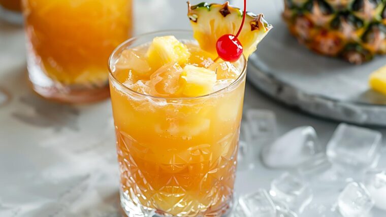Fruchtige Bowle mit Ananasstücken und Cocktailkirsche im Glas