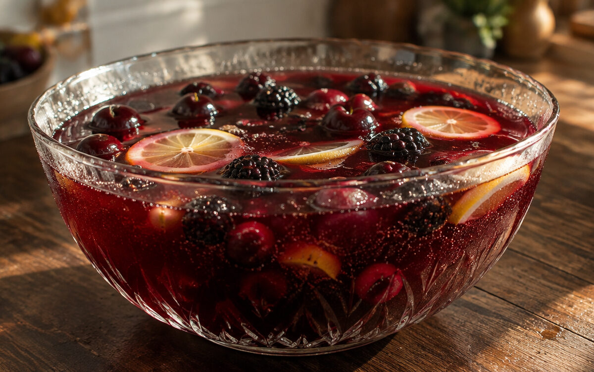 Kirschbowle mit Sekt, dunklen Kirschen, Brombeeren und Zitronenscheiben in einer großen Glasschüssel