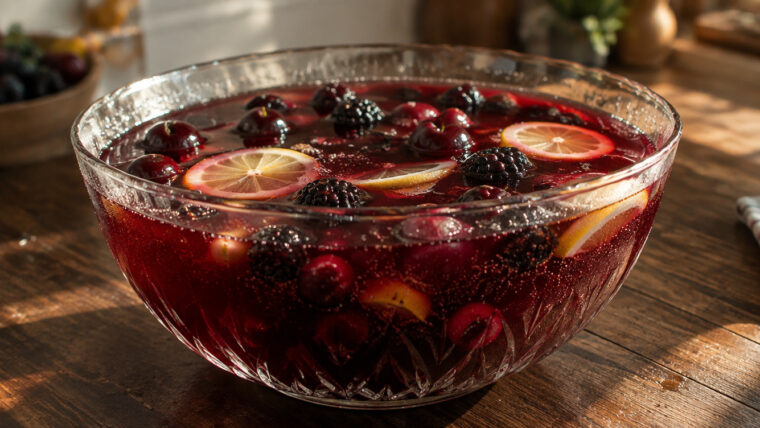 Kirschbowle mit Sekt, dunklen Kirschen, Brombeeren und Zitronenscheiben in einer großen Glasschüssel