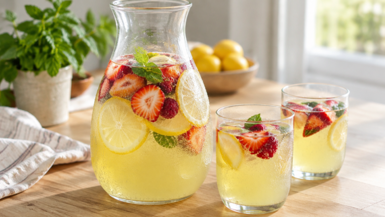 Limoncello-Bowle mit Zitronenscheiben, Erdbeeren und Minze in einer Glaskaraffe mit zwei gefüllten Gläsern