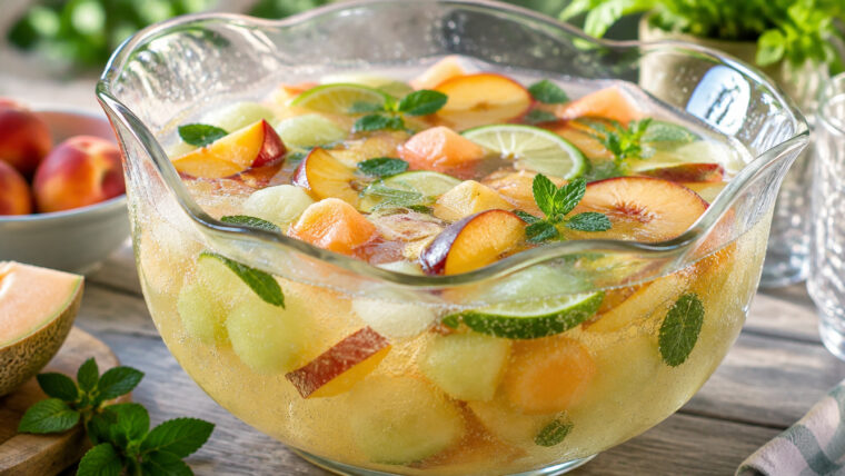 Malibu-Bowle mit Pfirsich, Melone, Limette und Minze in einer geschwungenen Glasschüssel