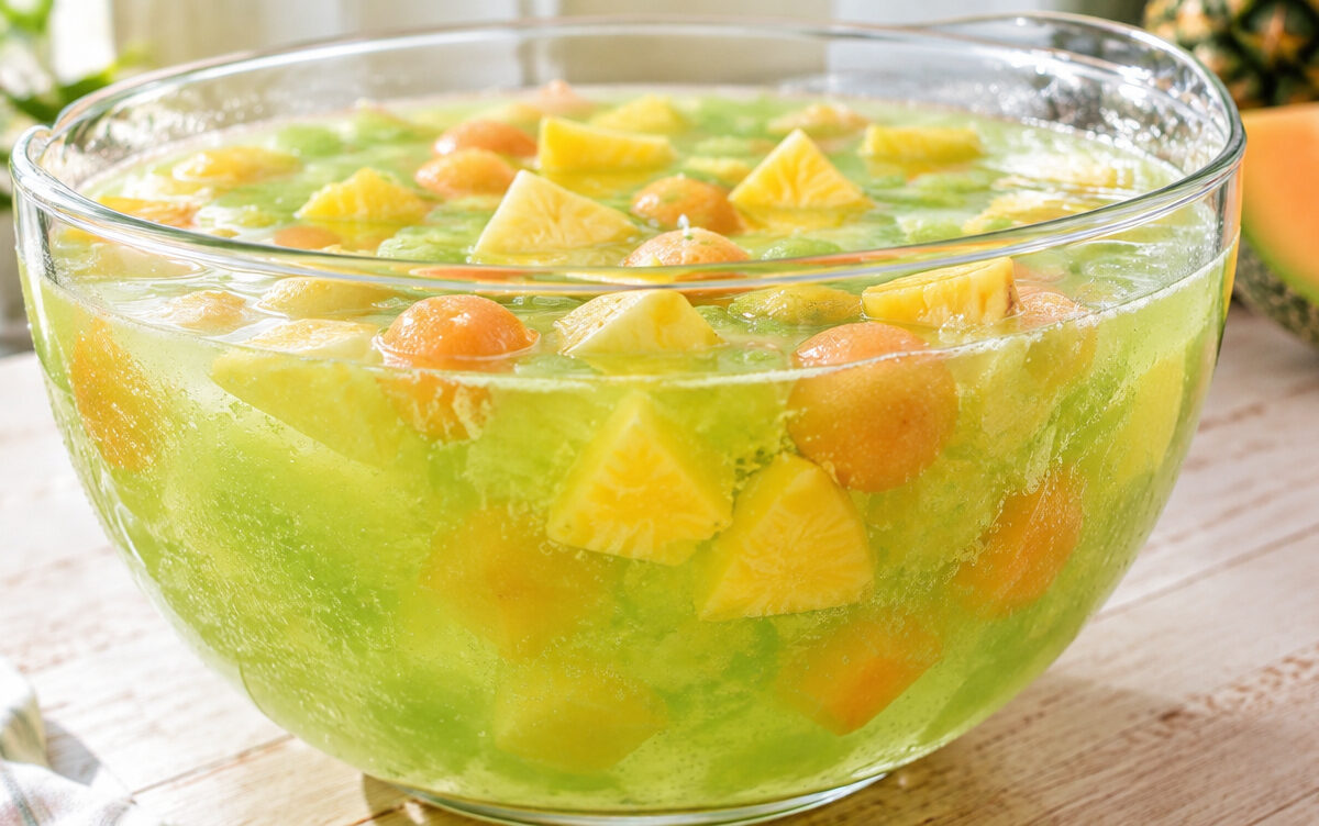 Midori-Melonenbowle mit Ananasstücken und Cantaloupe-Melone in einer großen Glasschüssel