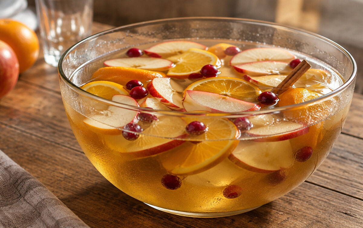 Winterbowle mit Apfelscheiben, Orangenscheiben, Cranberrys und Zimt in einer großen Glasschüssel