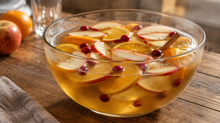 Winterbowle mit Apfelscheiben, Orangenscheiben, Cranberrys und Zimt in einer großen Glasschüssel