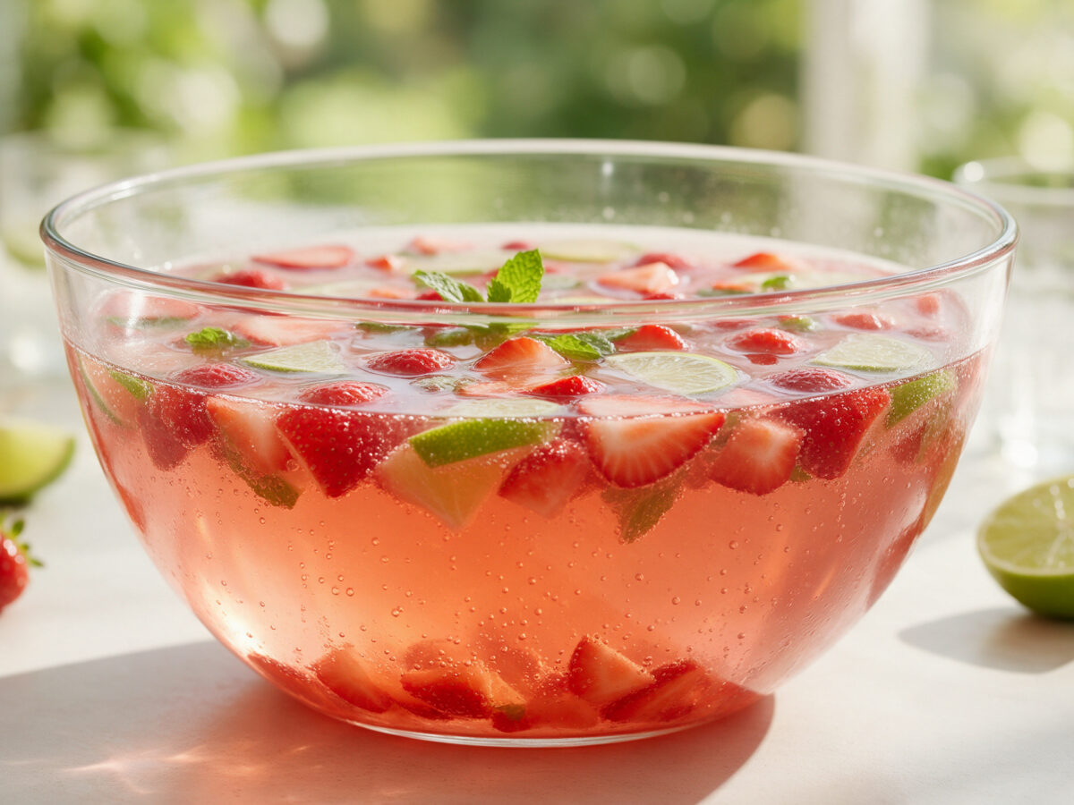 Alkoholfreie Erdbeer-Limetten-Bowle mit kleinen Erdbeerstücken, Limette und Minze in einer großen Glasschüssel