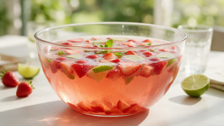 Alkoholfreie Erdbeer-Limetten-Bowle mit kleinen Erdbeerstücken, Limette und Minze in einer großen Glasschüssel