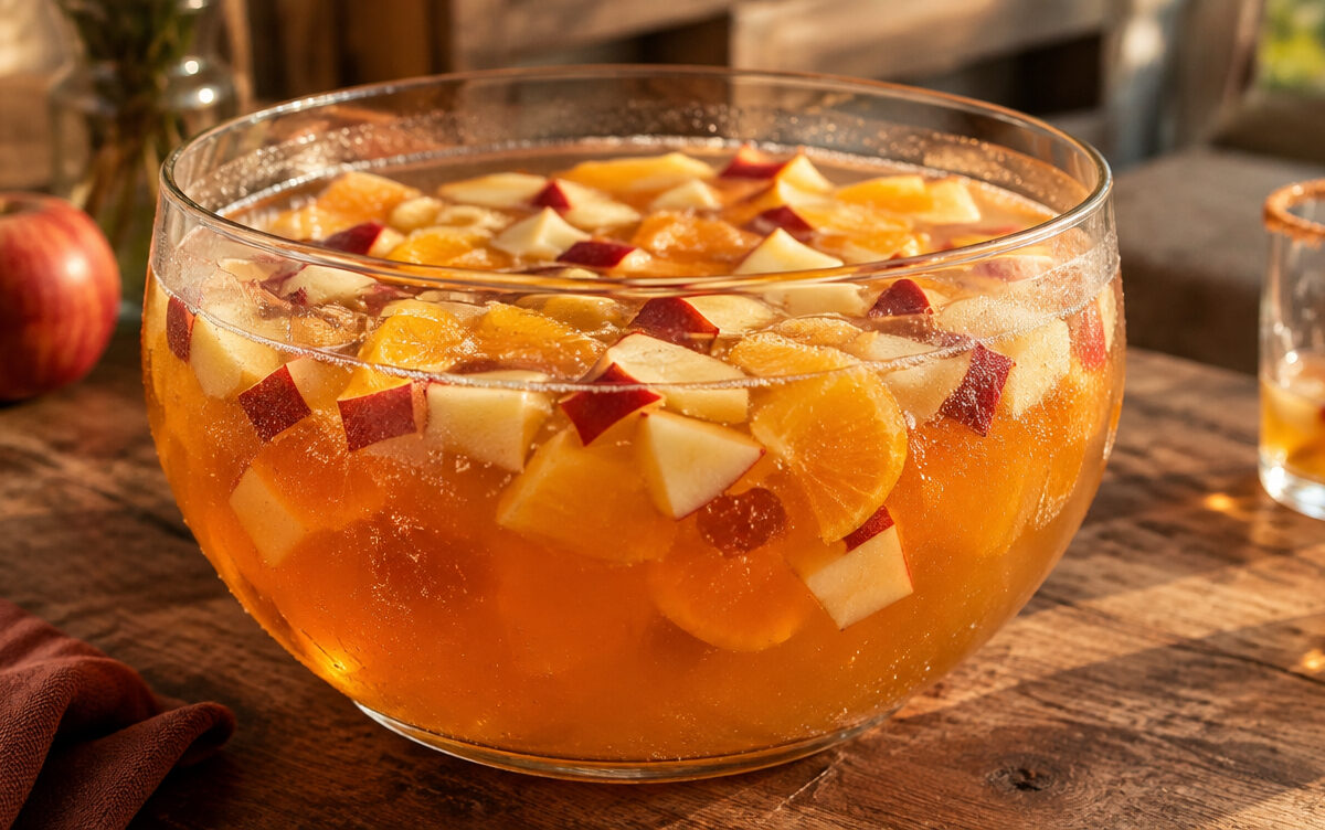 Aperol-Apfel-Bowle mit kleinen Apfelstücken und Orangenstücken in einer großen Glasschüssel