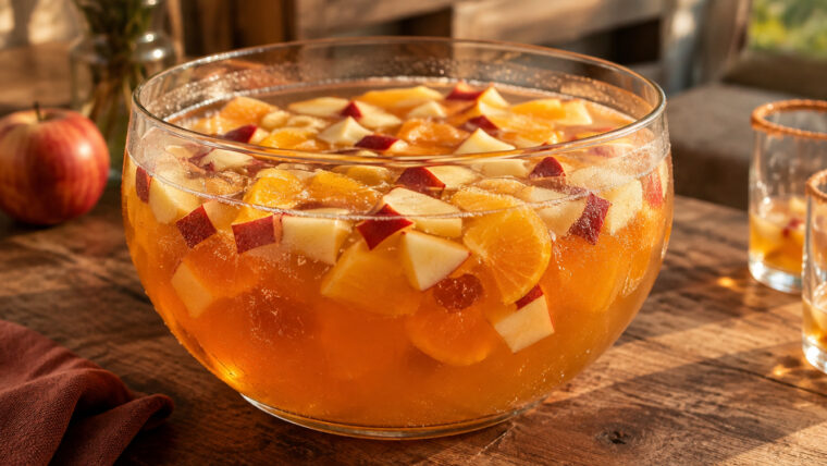 Aperol-Apfel-Bowle mit kleinen Apfelstücken und Orangenstücken in einer großen Glasschüssel