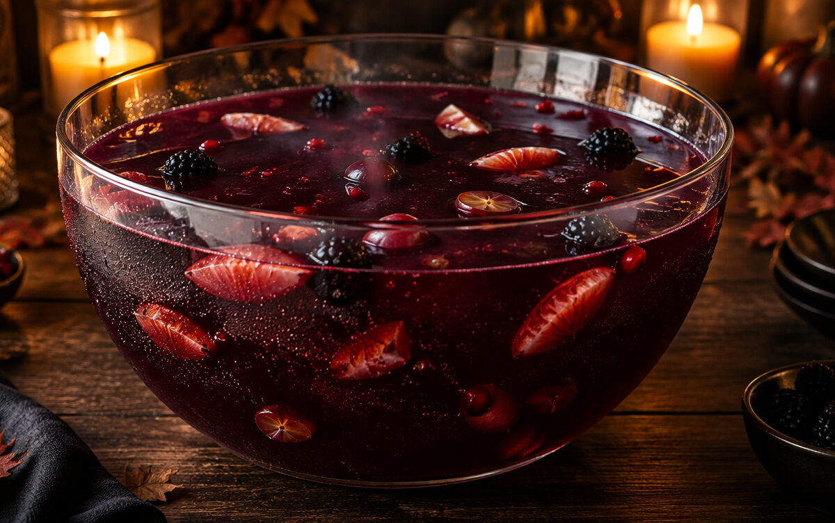 Halloween-Bowle mit Blutorange, Brombeeren, roten Trauben und Granatapfel in einer großen Glasschüssel