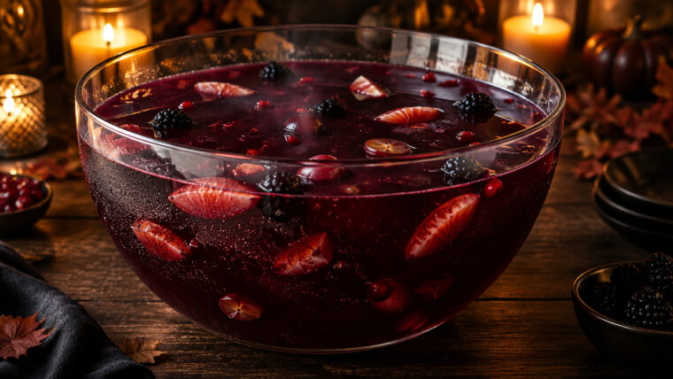 Halloween-Bowle mit Blutorange, Brombeeren, roten Trauben und Granatapfel in einer großen Glasschüssel