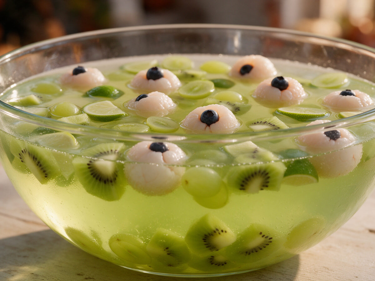 Alkoholfreie Halloween-Bowle mit Kiwi, grünen Trauben, Limette und Lychee-Augen in einer großen Glasschüssel