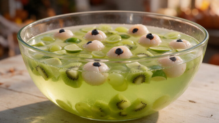 Alkoholfreie Halloween-Bowle mit Kiwi, grünen Trauben, Limette und Lychee-Augen in einer großen Glasschüssel