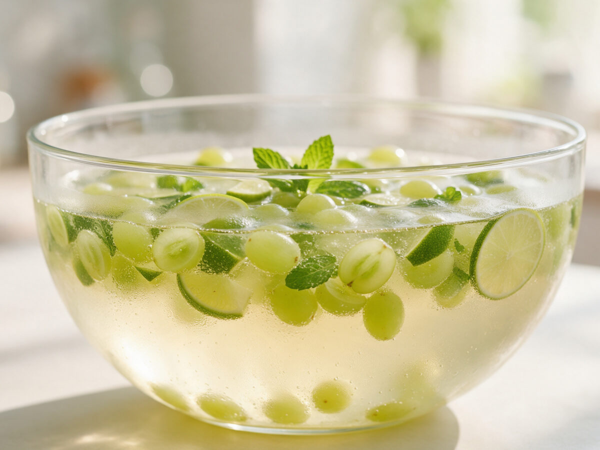Hugo-Bowle mit grünen Trauben, Limette und Minze in einer großen Glasschüssel