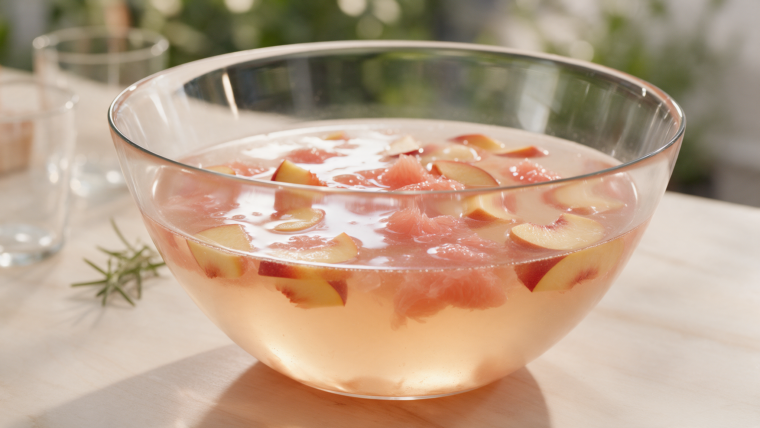 Lillet-Pfirsich-Bowle mit Pfirsichstücken und rosa Grapefruit in einer großen Glasschüssel