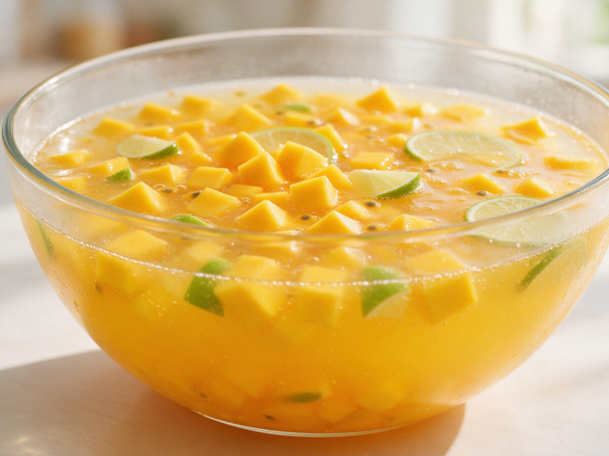 Alkoholfreie Mango-Maracuja-Bowle mit kleinen Mangostücken, Limette und Maracuja in einer großen Glasschüssel