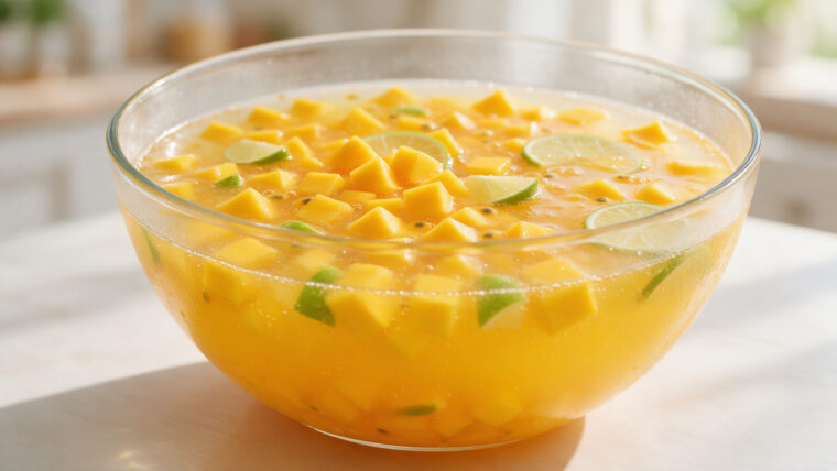Alkoholfreie Mango-Maracuja-Bowle mit kleinen Mangostücken, Limette und Maracuja in einer großen Glasschüssel