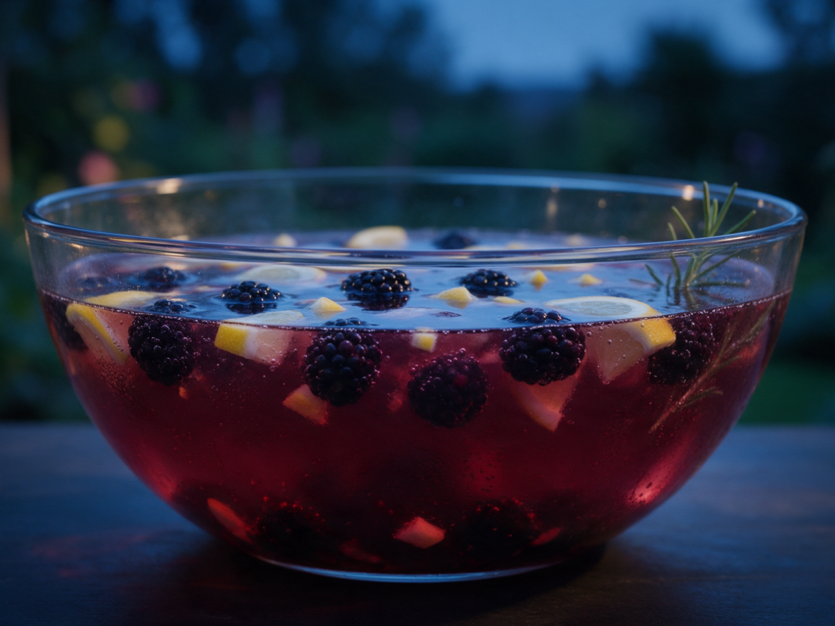 Midnight-Garden-Bowle mit Brombeeren, Zitrone und Rosmarin in einer großen Glasschüssel