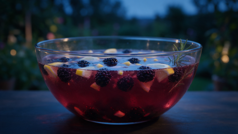 Midnight-Garden-Bowle mit Brombeeren, Zitrone und Rosmarin in einer großen Glasschüssel