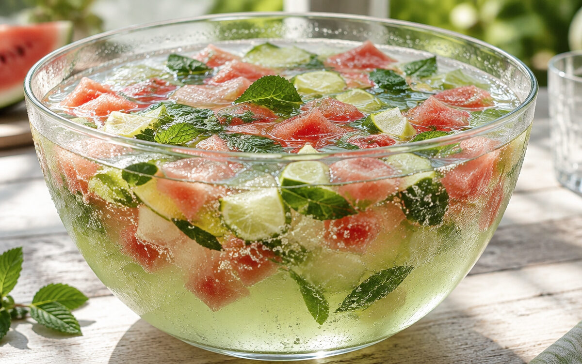 Mojito-Wassermelonen-Bowle mit Wassermelonenstücken, Limette und Minze in einer großen Glasschüssel