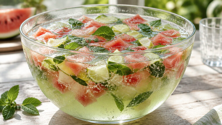 Mojito-Wassermelonen-Bowle mit Wassermelonenstücken, Limette und Minze in einer großen Glasschüssel