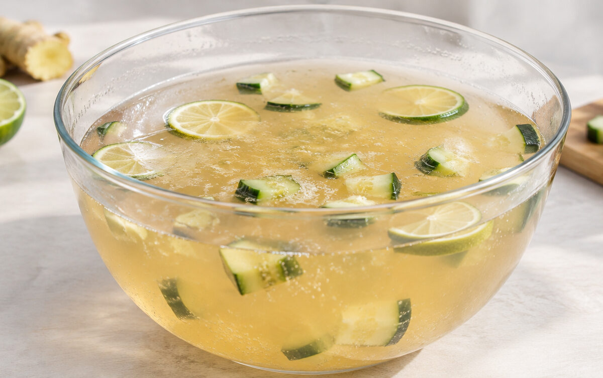 Moscow-Mule-Bowle mit kleinen Gurkenstücken und Limette in einer großen Glasschüssel