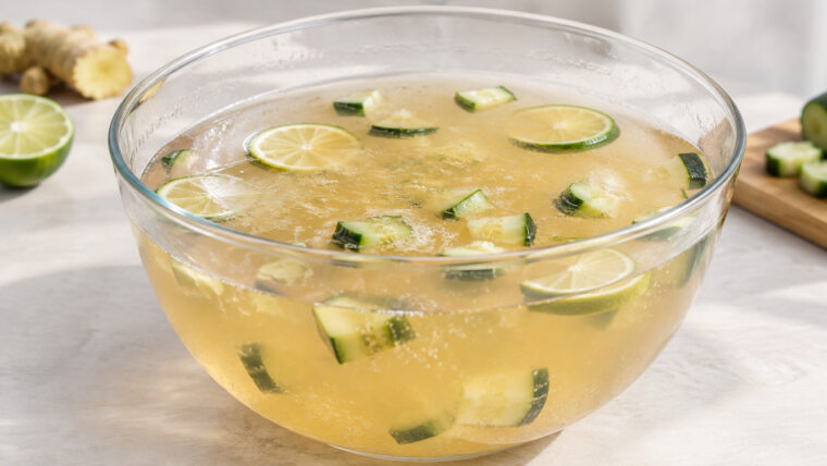 Moscow-Mule-Bowle mit kleinen Gurkenstücken und Limette in einer großen Glasschüssel