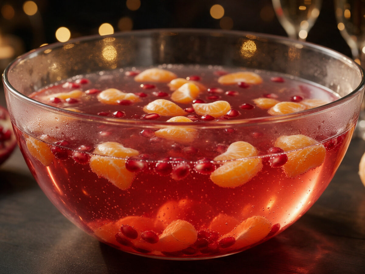 Silvester-Bowle mit Granatapfelkernen und geschälten Mandarinenstücken in einer großen Glasschüssel