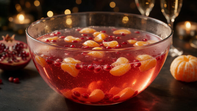 Silvester-Bowle mit Granatapfelkernen und geschälten Mandarinenstücken in einer großen Glasschüssel