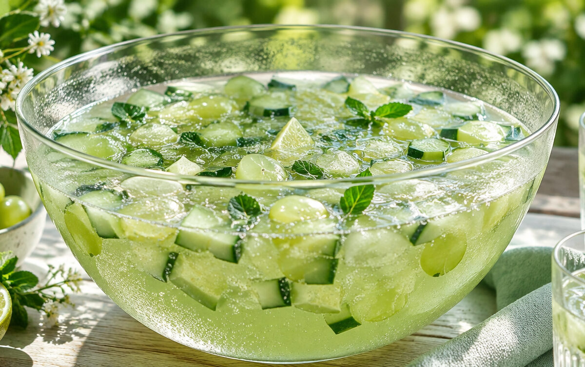 Waldmeister-Gurken-Bowle mit grünen Trauben, Gurke und Limette in einer großen Glasschüssel