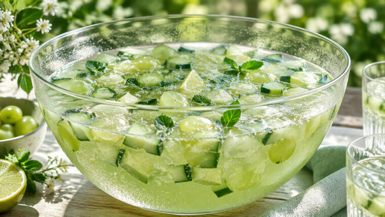 Waldmeister-Gurken-Bowle mit grünen Trauben, Gurke und Limette in einer großen Glasschüssel